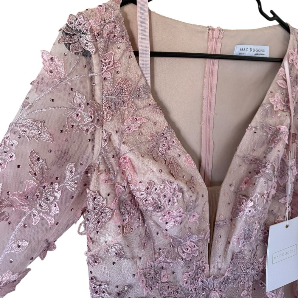 NEW Mac Duggal Pink Floral Applique Long Sleeve Illusion Gown - Picture 5 of 7